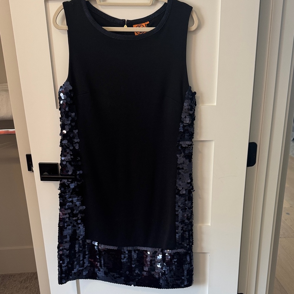 Tory Burch dark navy sweater and sequin dress